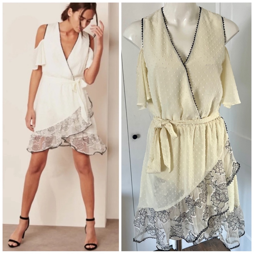 NEW Foxiedox Elegant Cream Wrap Dress with Lace Trim Size Small